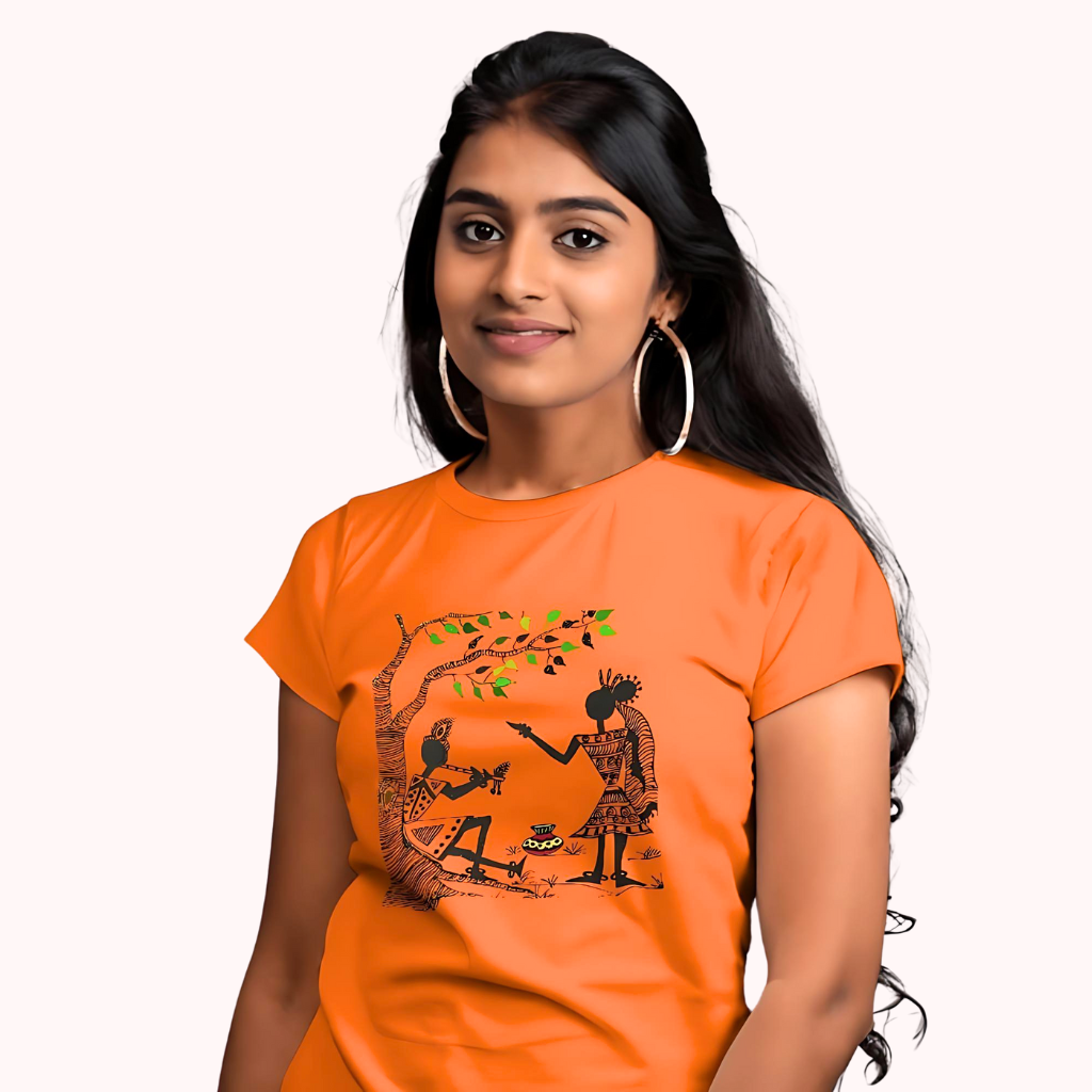 Trending Warli Art D11: Radha-Krishna: Women T-shirt
