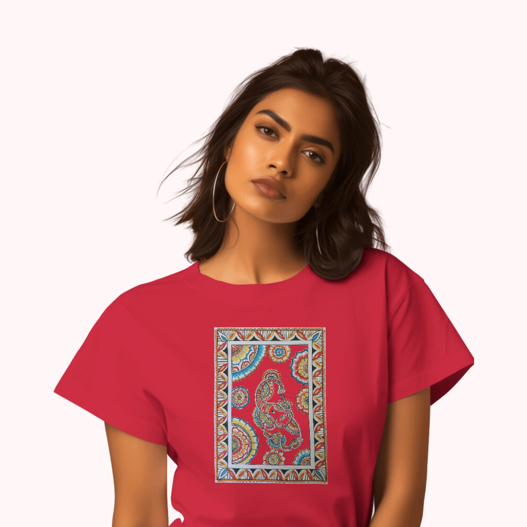 Trending Madhubani Art D5: Elephant: Women T-shirt