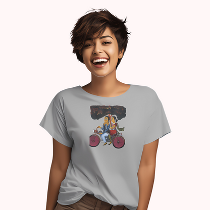 Trending Bengal Art D6: Kalighat Painting-BikeRide: Women T-Shirt