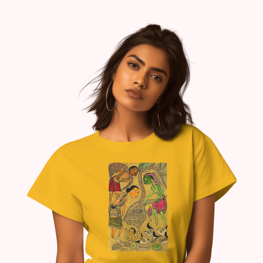 Trending Bengal Art D4: Pattachitra: Village family Pond: Women T-Shirt