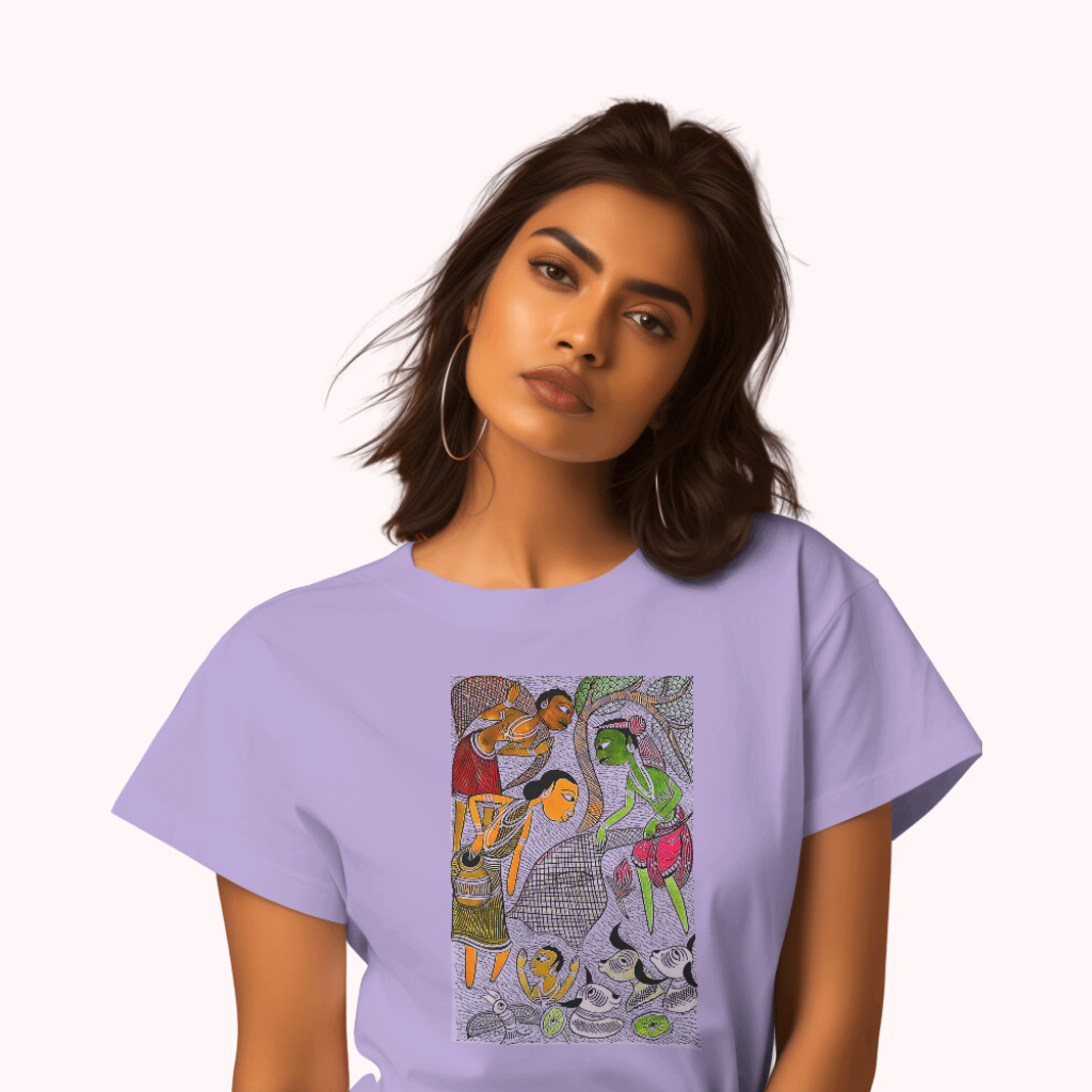 Trending Bengal Art D4: Pattachitra: Village family Pond: Women T-Shirt