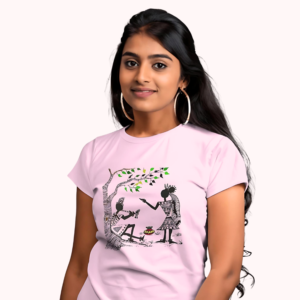 Trending Warli Art D11: Radha-Krishna: Women T-shirt