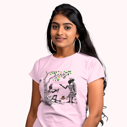 Trending Warli Art D11: Radha-Krishna: Women T-shirt