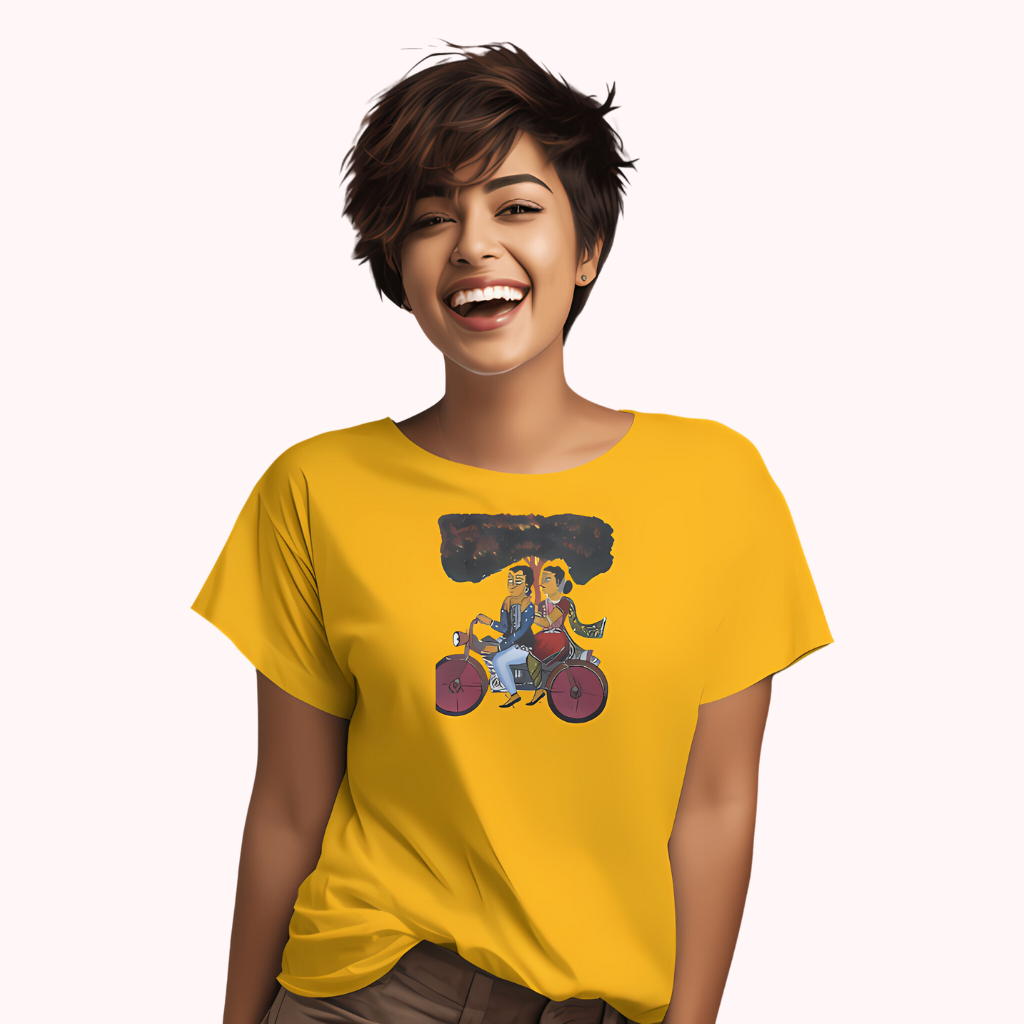 Trending Bengal Art D6: Kalighat Painting-BikeRide: Women T-Shirt