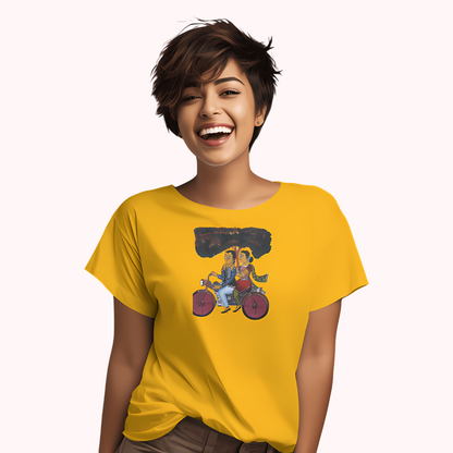 Trending Bengal Art D6: Kalighat Painting-BikeRide: Women T-Shirt
