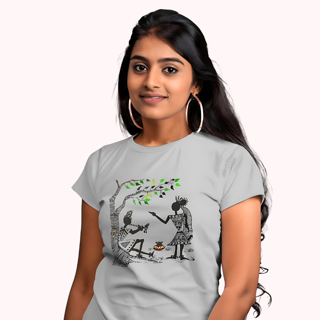 Trending Warli Art D11: Radha-Krishna: Women T-shirt