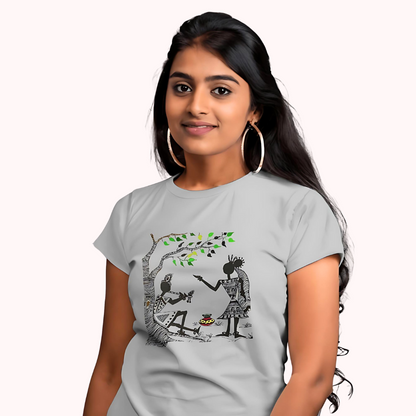 Trending Warli Art D11: Radha-Krishna: Women T-shirt