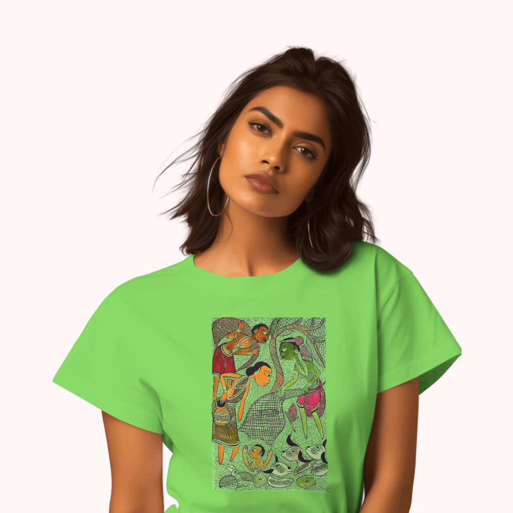 Trending Bengal Art D4: Pattachitra: Village family Pond: Women T-Shirt
