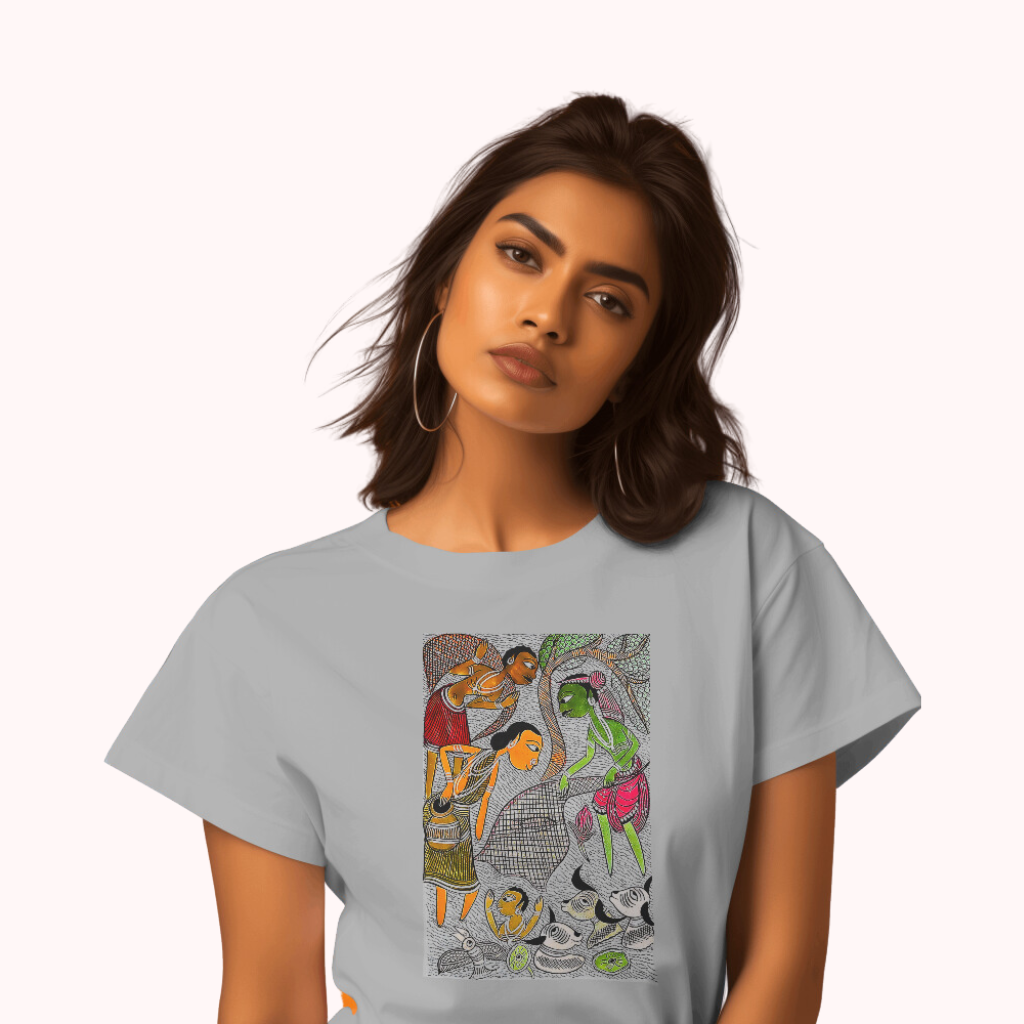 Trending Bengal Art D4: Pattachitra: Village family Pond: Women T-Shirt