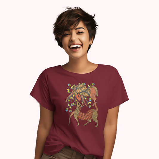 Trending Madhubani D12: Playing Deers: Women T-shirt