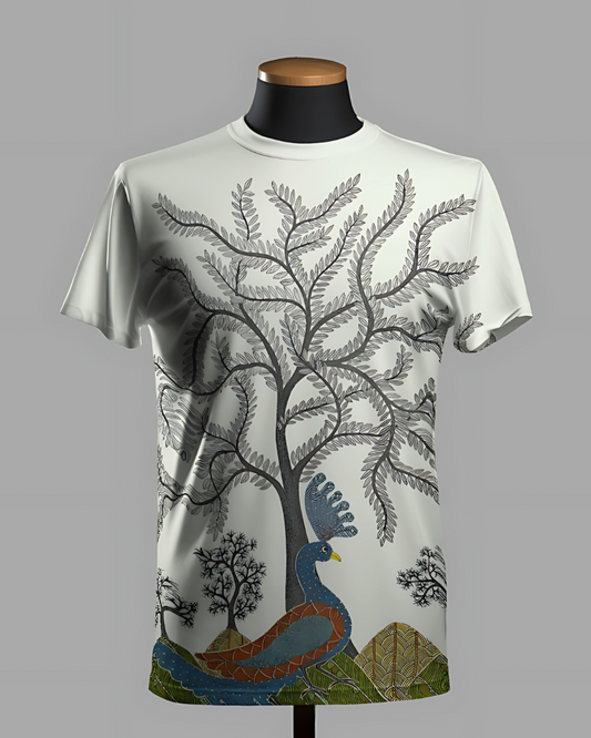 Peacock Gond Painting: AO Printed Unisex T-Shirt