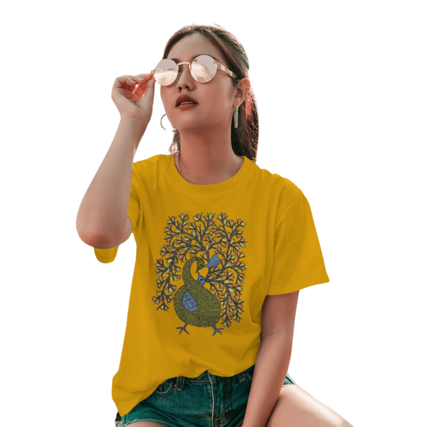 Trending Madhubani D16: Peacock Train Feathers: Women T-Shirt