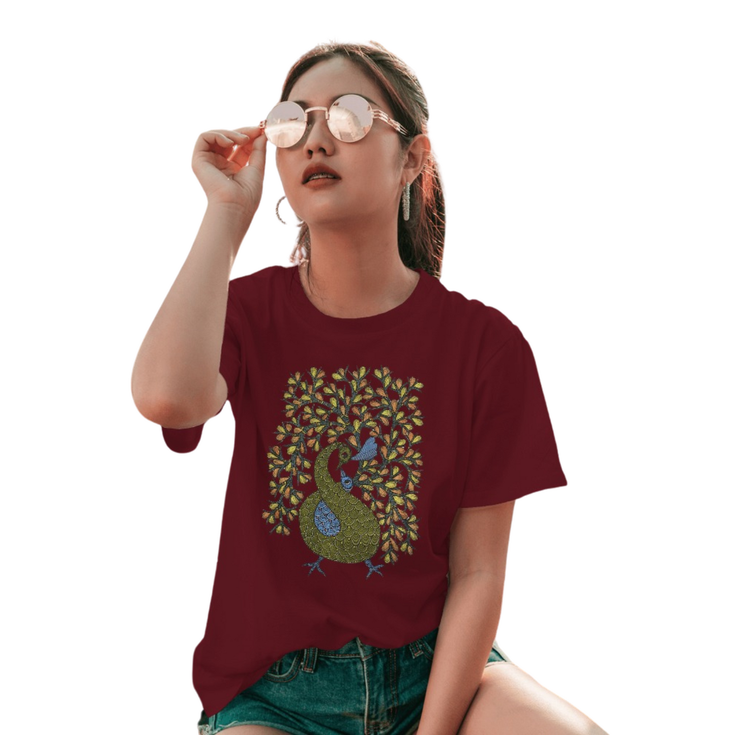 Trending Madhubani D16: Peacock Train Feathers: Women T-Shirt