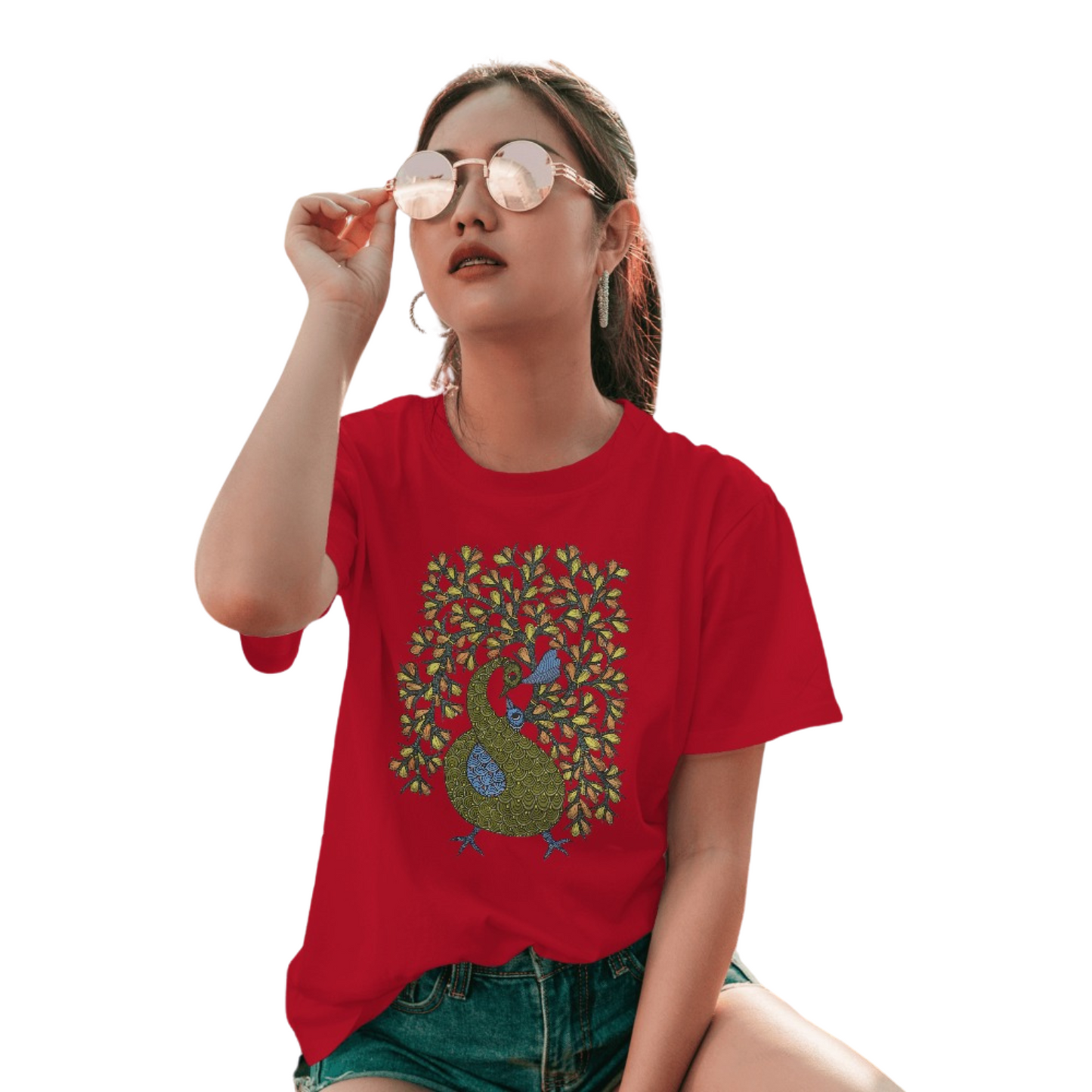 Trending Madhubani D16: Peacock Train Feathers: Women T-Shirt