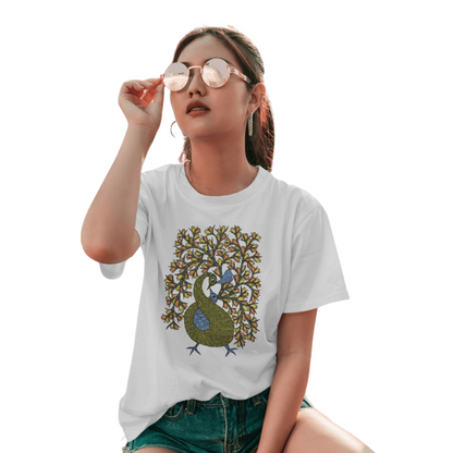 Trending Madhubani D16: Peacock Train Feathers: Women T-Shirt