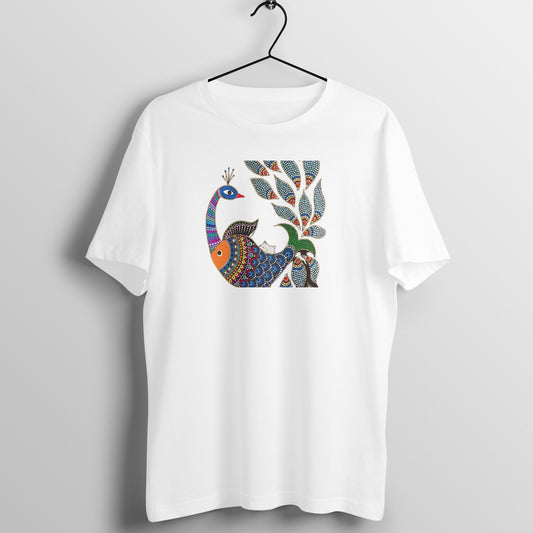 Gond Painting D1: Peacock Catching Fish: Unisex T-shirt