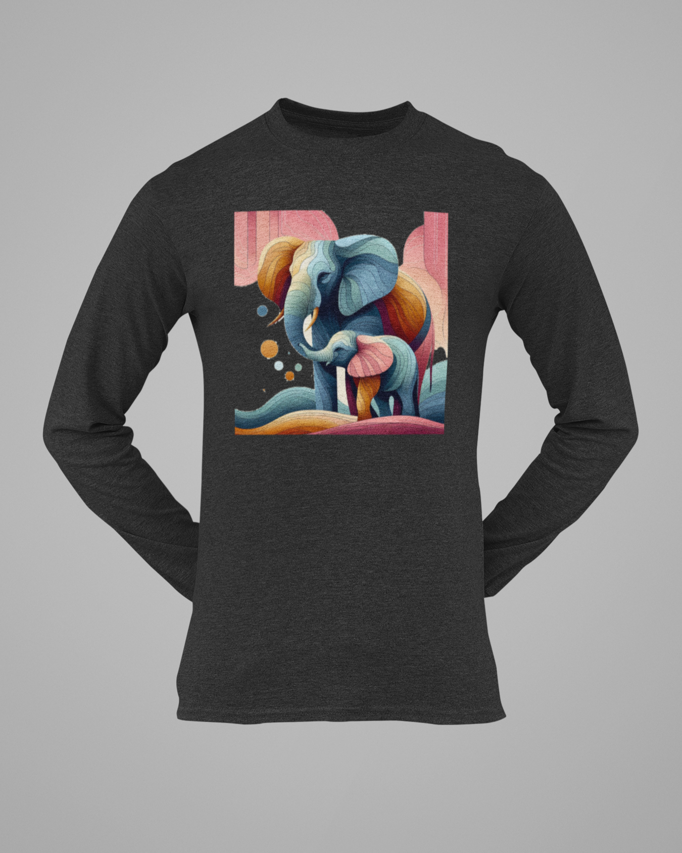 Trending Art D1: Mother & Baby Elephant: Men Round Long Sleeves