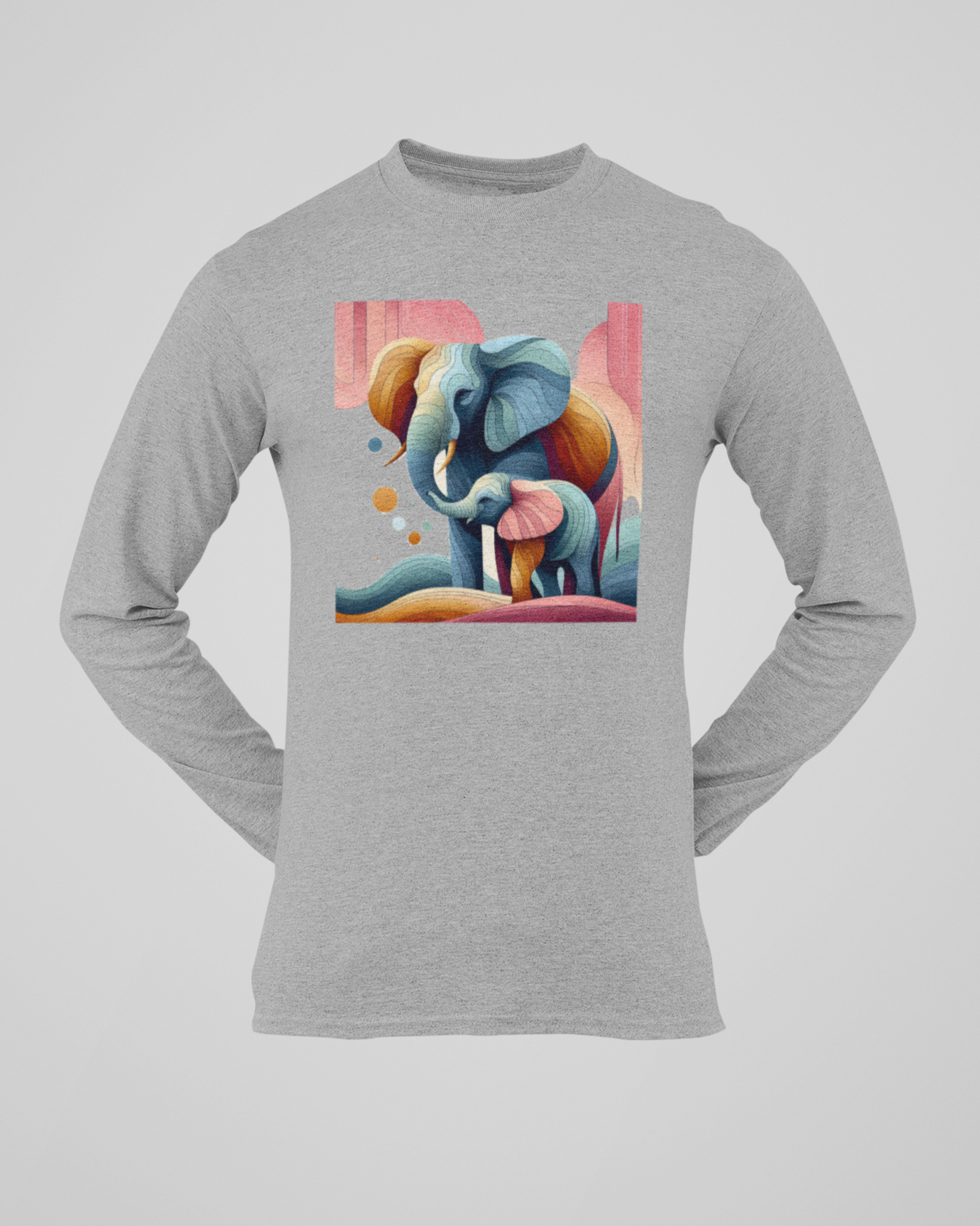 Trending Art D1: Mother & Baby Elephant: Men Round Long Sleeves