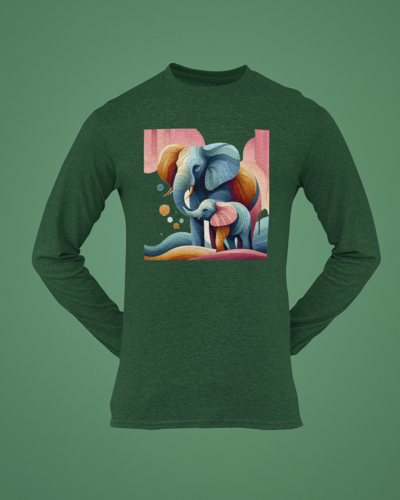 Trending Art D1: Mother & Baby Elephant: Men Round Long Sleeves
