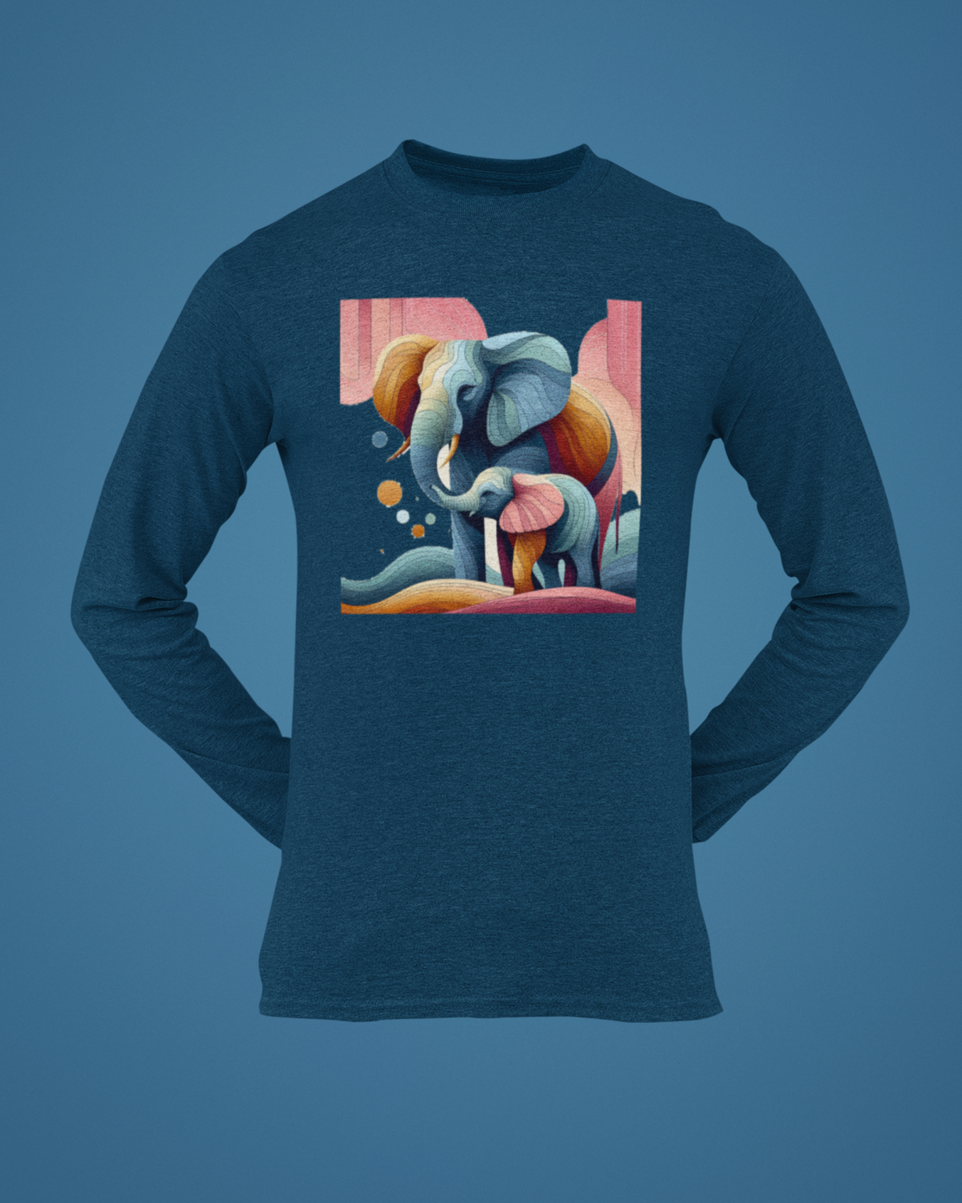 Trending Art D1: Mother & Baby Elephant: Men Round Long Sleeves